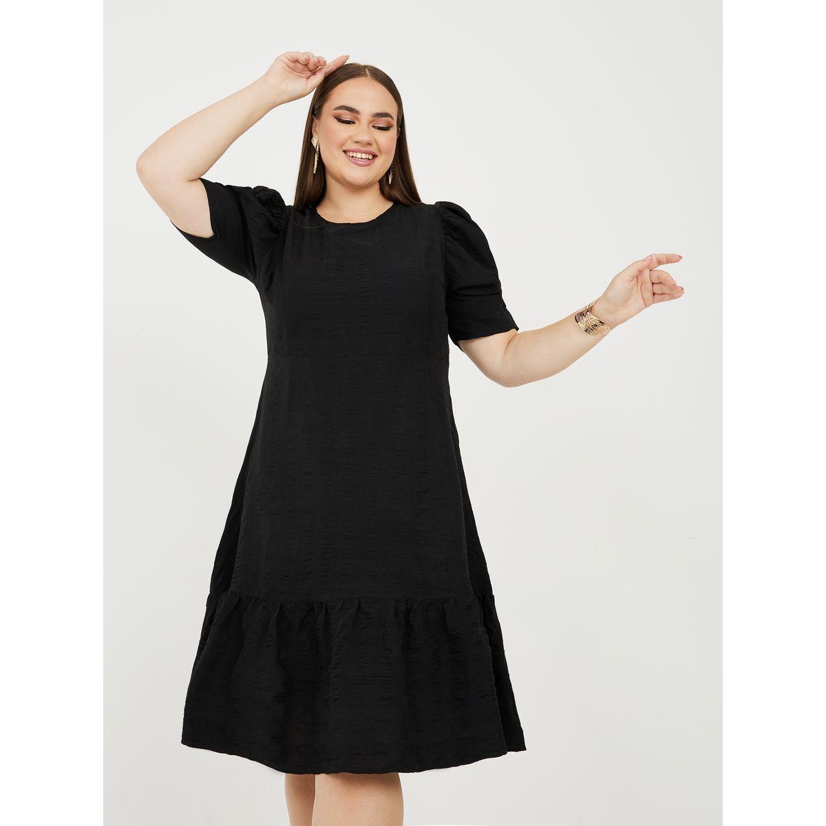 Styli Plus Textured Ruched Sleeves A-Line Tiered Midi Dress-women-clothing-dresses-image-1