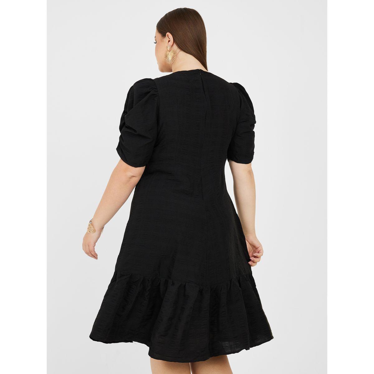 Styli Plus Textured Ruched Sleeves A-Line Tiered Midi Dress-women-clothing-dresses-image-4