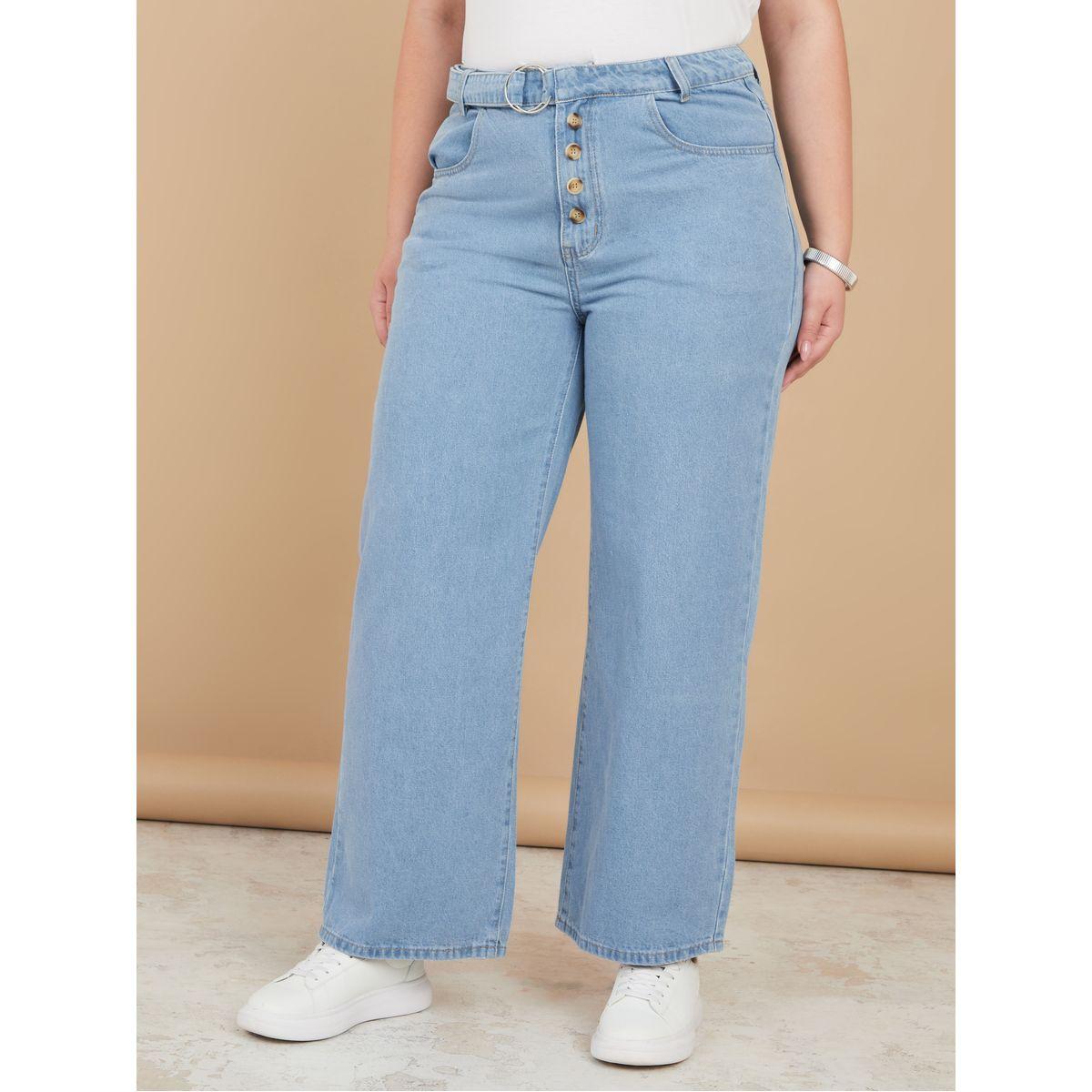 Styli Plus Front Button Ring Belted Straight Leg Jeans-women-clothing-bottoms-jeans-image-1