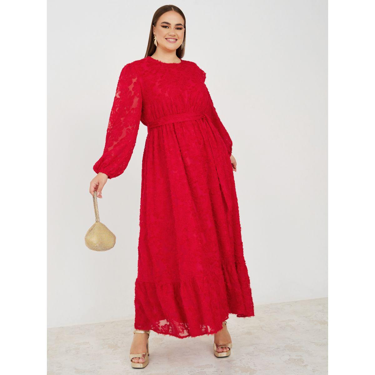 Styli Plus Faux Fur Texture Tiered Maxi Dress with Self Tie -women-clothing-dresses-image-1