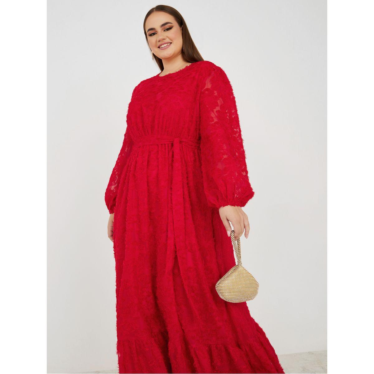 Styli Plus Faux Fur Texture Tiered Maxi Dress with Self Tie -women-clothing-dresses-image-2