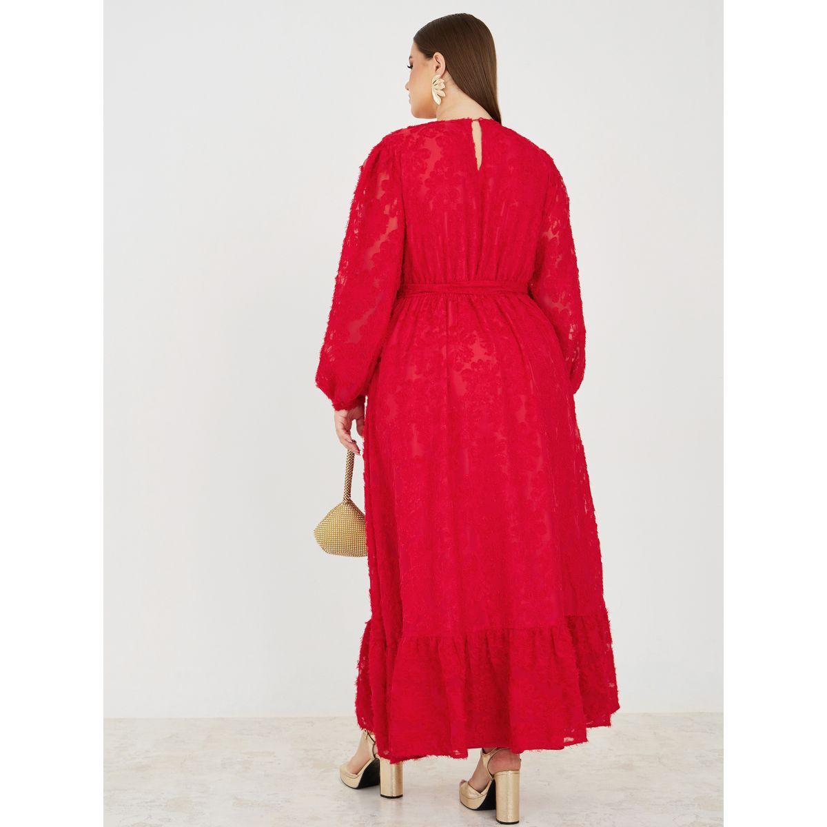 Styli Plus Faux Fur Texture Tiered Maxi Dress with Self Tie -women-clothing-dresses-image-4