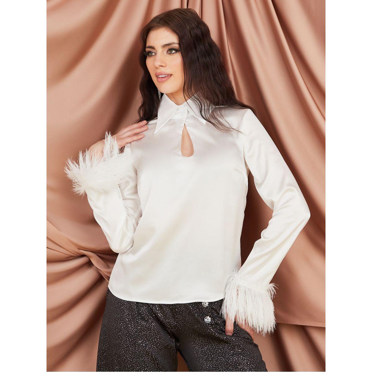 Styli Oversized Collared Blouse with Keyhole Detail & Faux Feather Cuff-women-clothing-shirtsandblouses-blouses-image-3