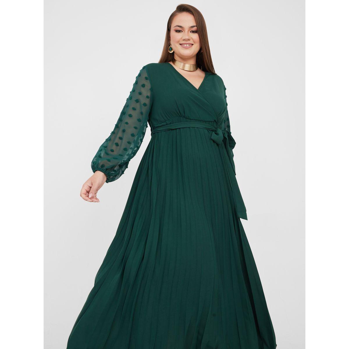 Styli Plus Dobby Sleeve Pleated A-Line Maxi Dress-women-clothing-dresses-image-2