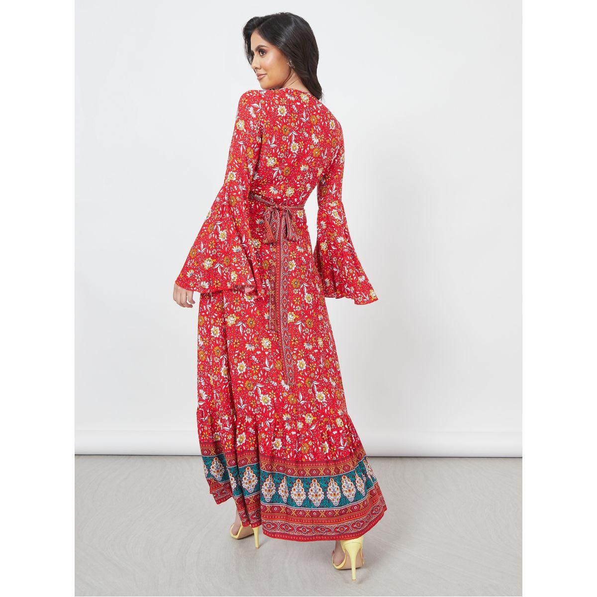Styli Bohemian Print Flare Sleeves Wrap Maxi Dress-women-clothing-dresses-image-4