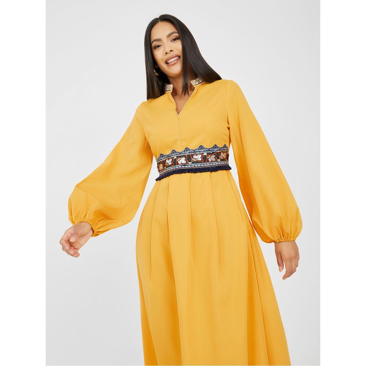 Styli Embroidered Patch Detail A-Line Midi Dress-women-clothing-dresses-image-2