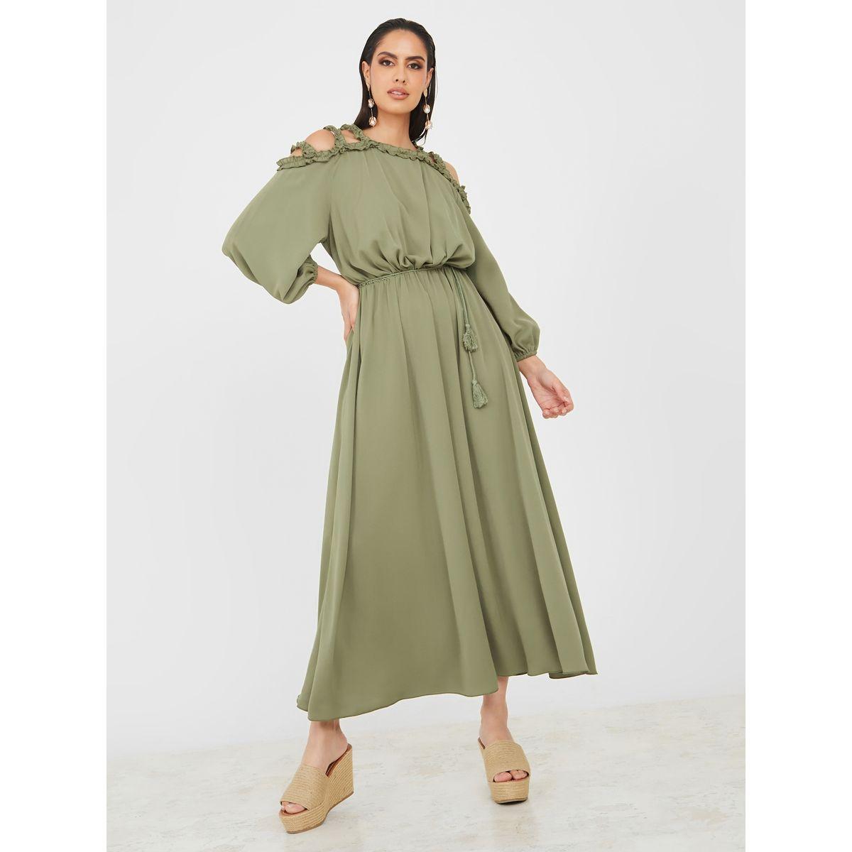 Styli Cold Shoulder Sleeve Ruffled A-Line Maxi Dress-women-clothing-dresses-image-1