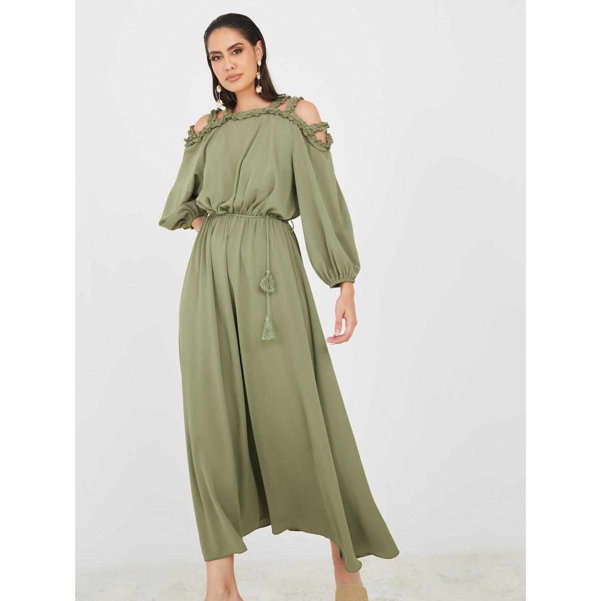 Styli Cold Shoulder Sleeve Ruffled A-Line Maxi Dress-women-clothing-dresses-image-2