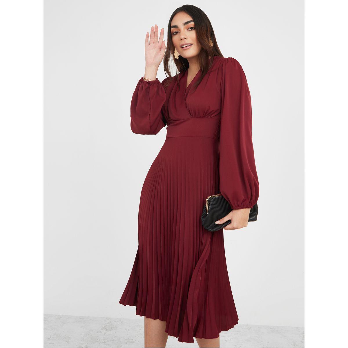 Styli Volume Sleeve Pleated Detail A-Line Midi Dress-women-clothing-dresses-image-1