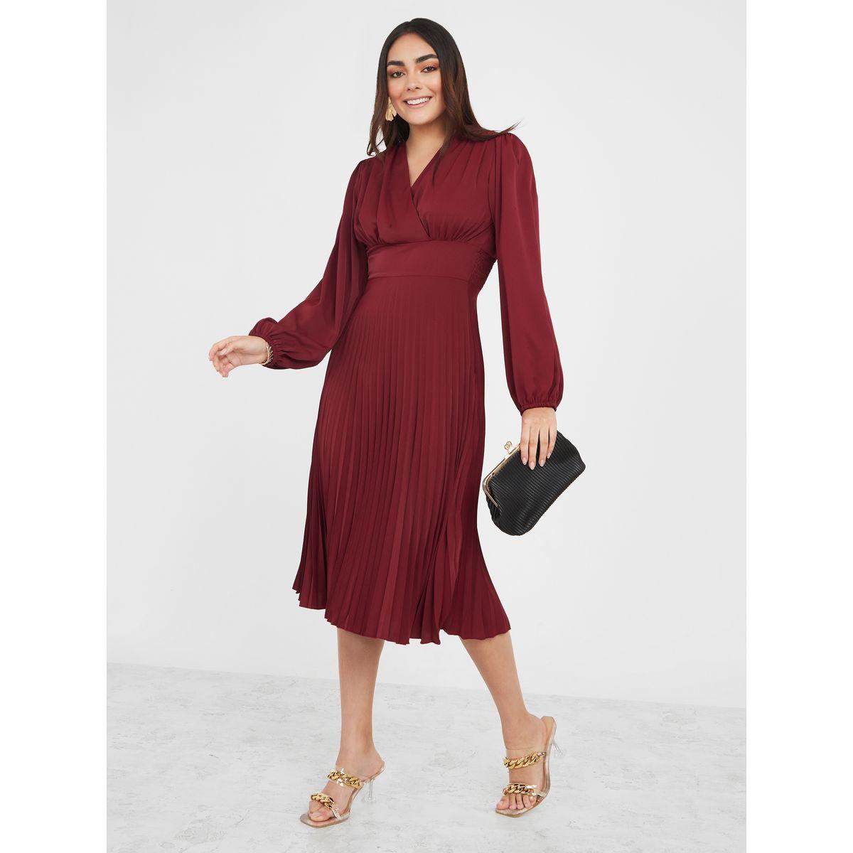 Styli Volume Sleeve Pleated Detail A-Line Midi Dress-women-clothing-dresses-image-2