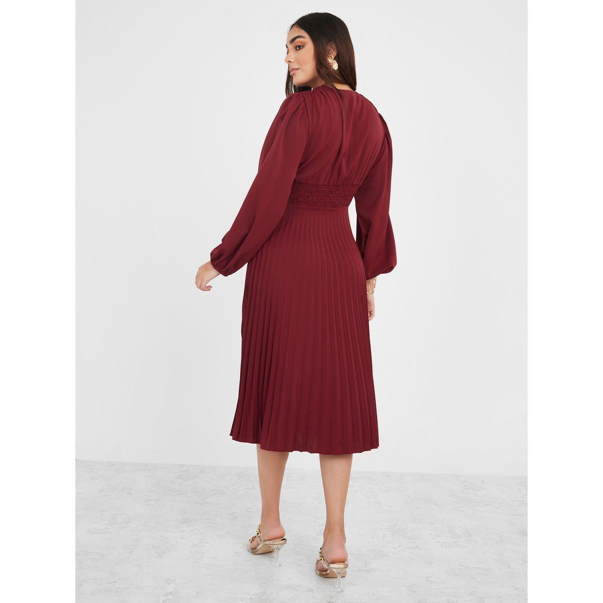 Styli Volume Sleeve Pleated Detail A-Line Midi Dress-women-clothing-dresses-image-4