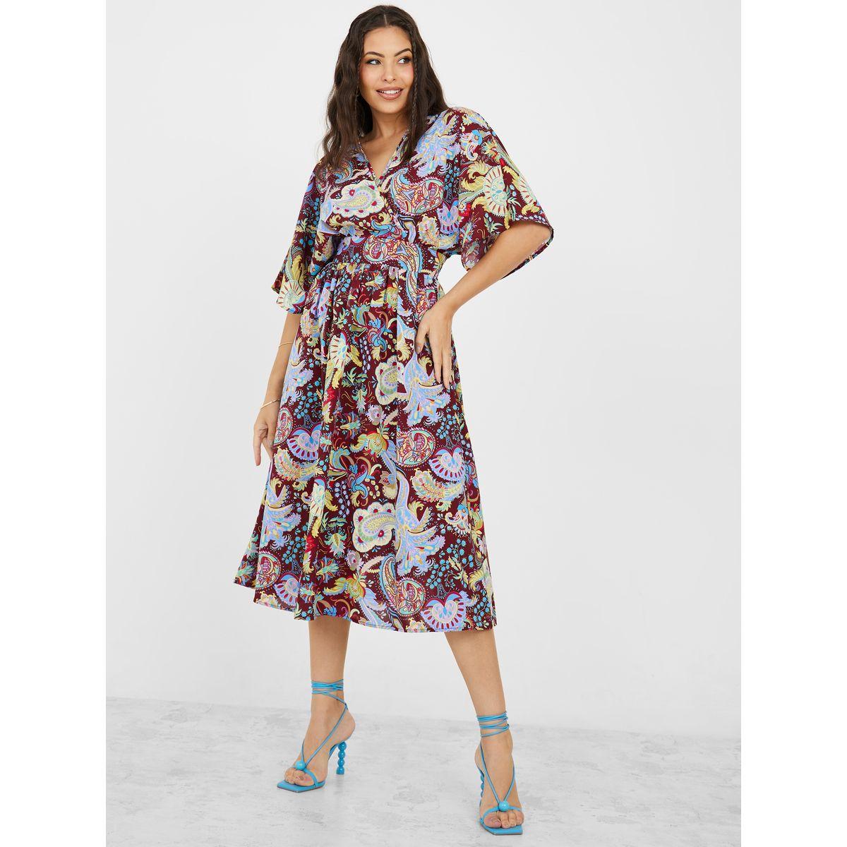 Styli Paisley Print V Neck Midi Dress-women-clothing-dresses-image-1
