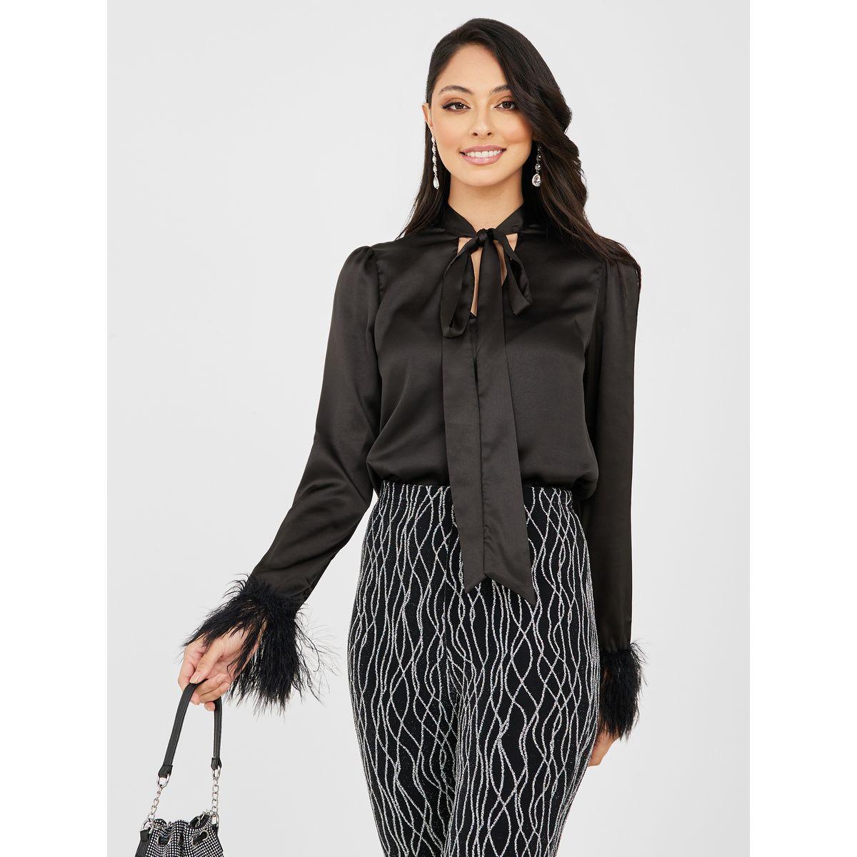 Styli Regular Fit Tie Up Neck Feather Trim Detail Blouse-women-clothing-shirtsandblouses-blouses-image-1