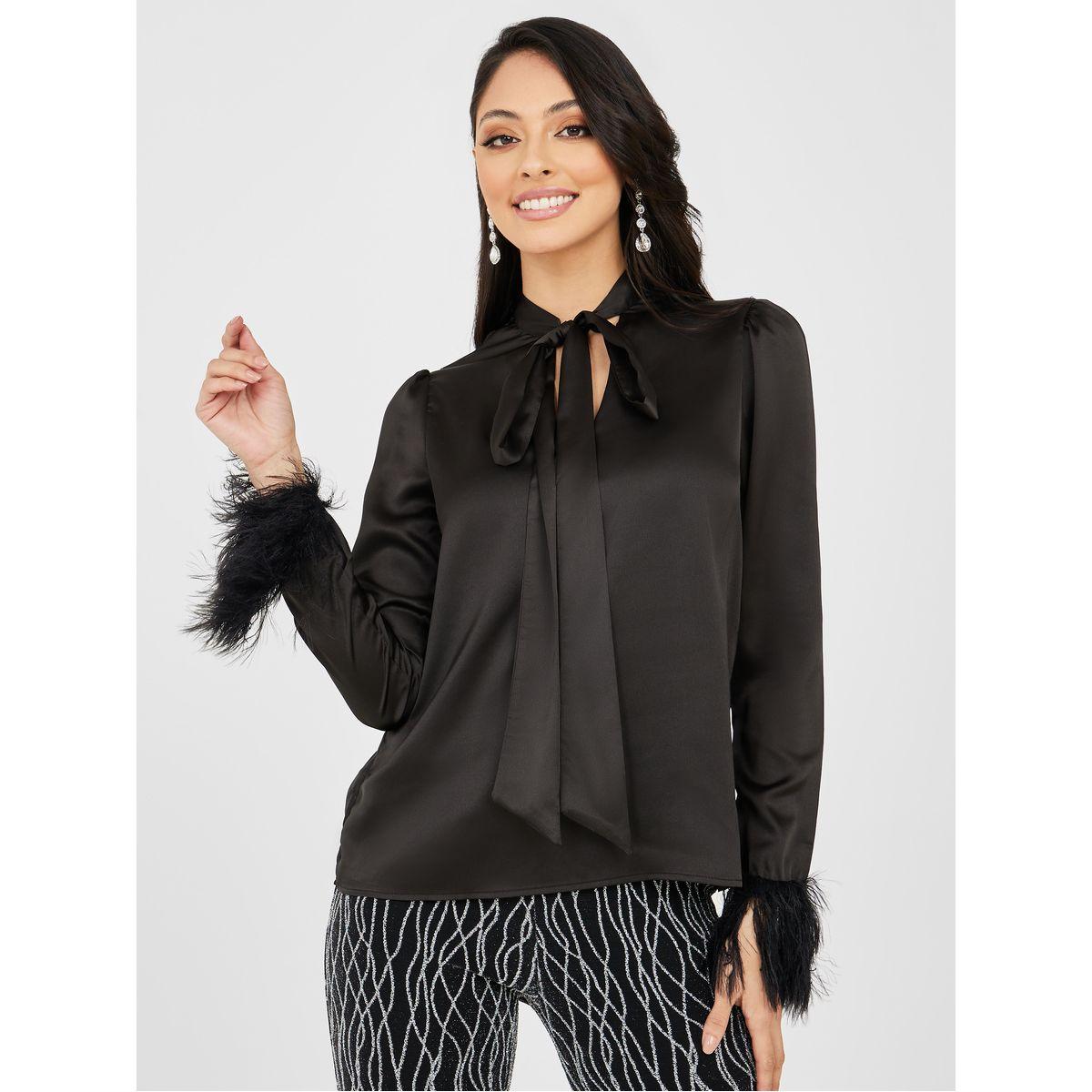 Styli Regular Fit Tie Up Neck Feather Trim Detail Blouse-women-clothing-shirtsandblouses-blouses-image-4
