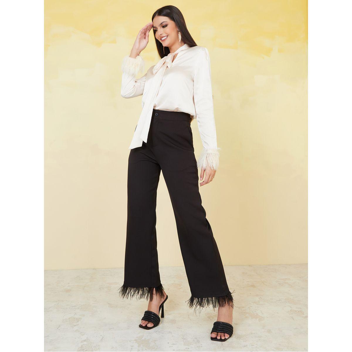 Buy Styli Regular Fit Tie Up Neck Feather Trim Detail Blouse Online ...