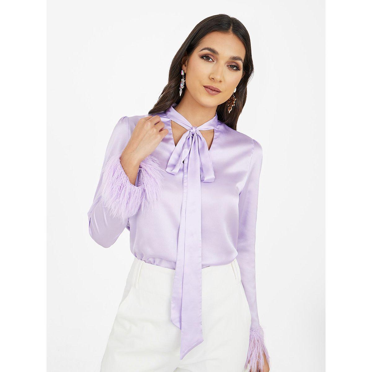 بلوزة مزينة بالريش مع أربطة ياقة-women-clothing-shirtsandblouses-blouses-image-1