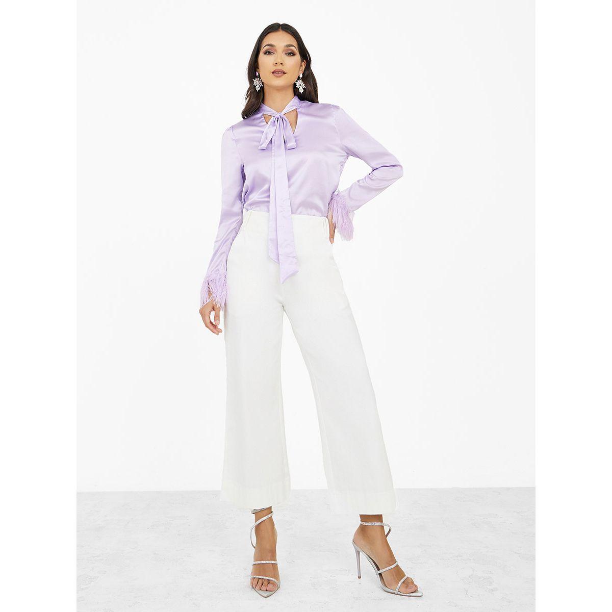 Styli Tie-Up Neck Faux Feather Trim Detail Blouse-women-clothing-shirtsandblouses-blouses-image-2