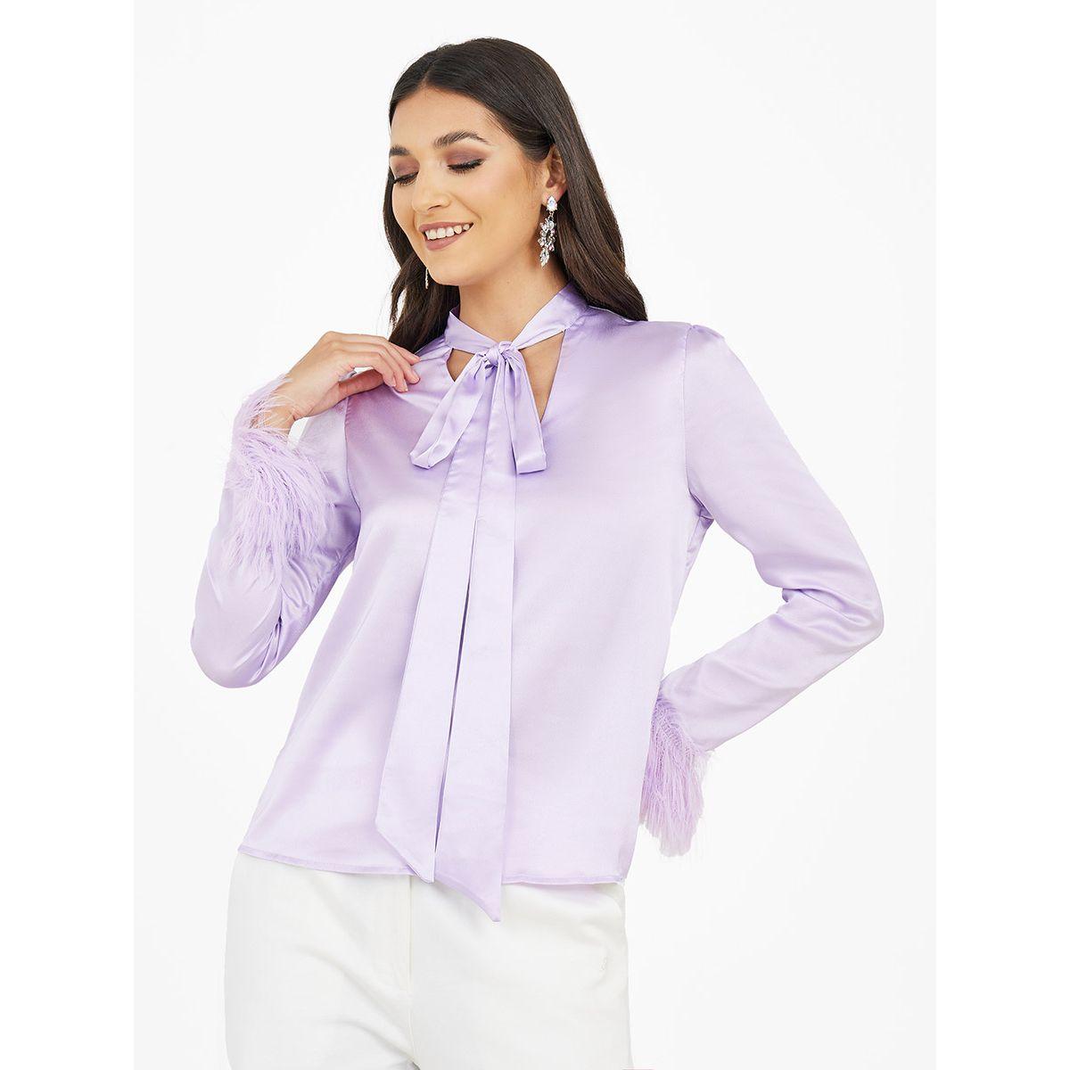 Styli Tie-Up Neck Faux Feather Trim Detail Blouse-women-clothing-shirtsandblouses-blouses-image-3