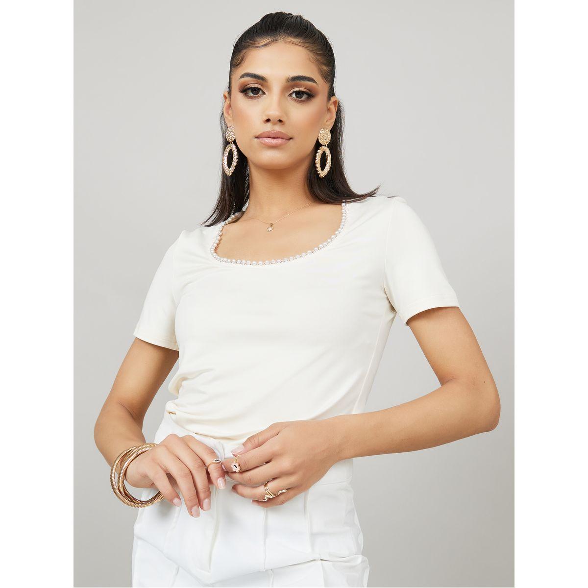 Styli Beaded Neck Trim Fitted Scoop Neck T-Shirt-women-clothing-tshirts-image-3