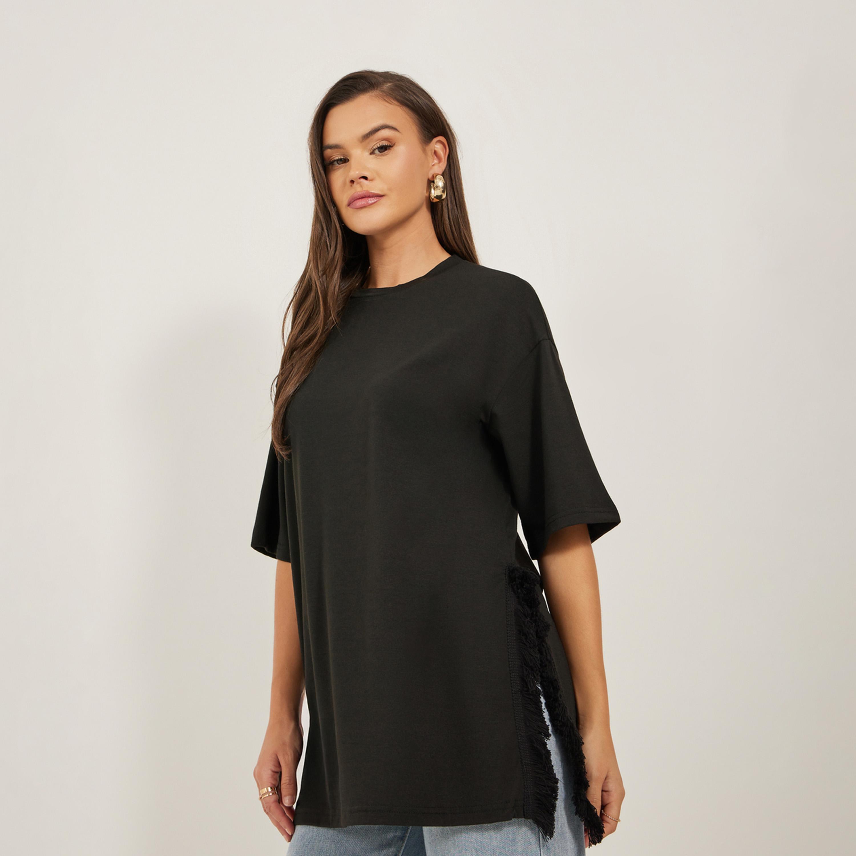 Styli Oversized Side Slit Longline T-Shirt with Frayed Edge-women-clothing-tshirts-image-1
