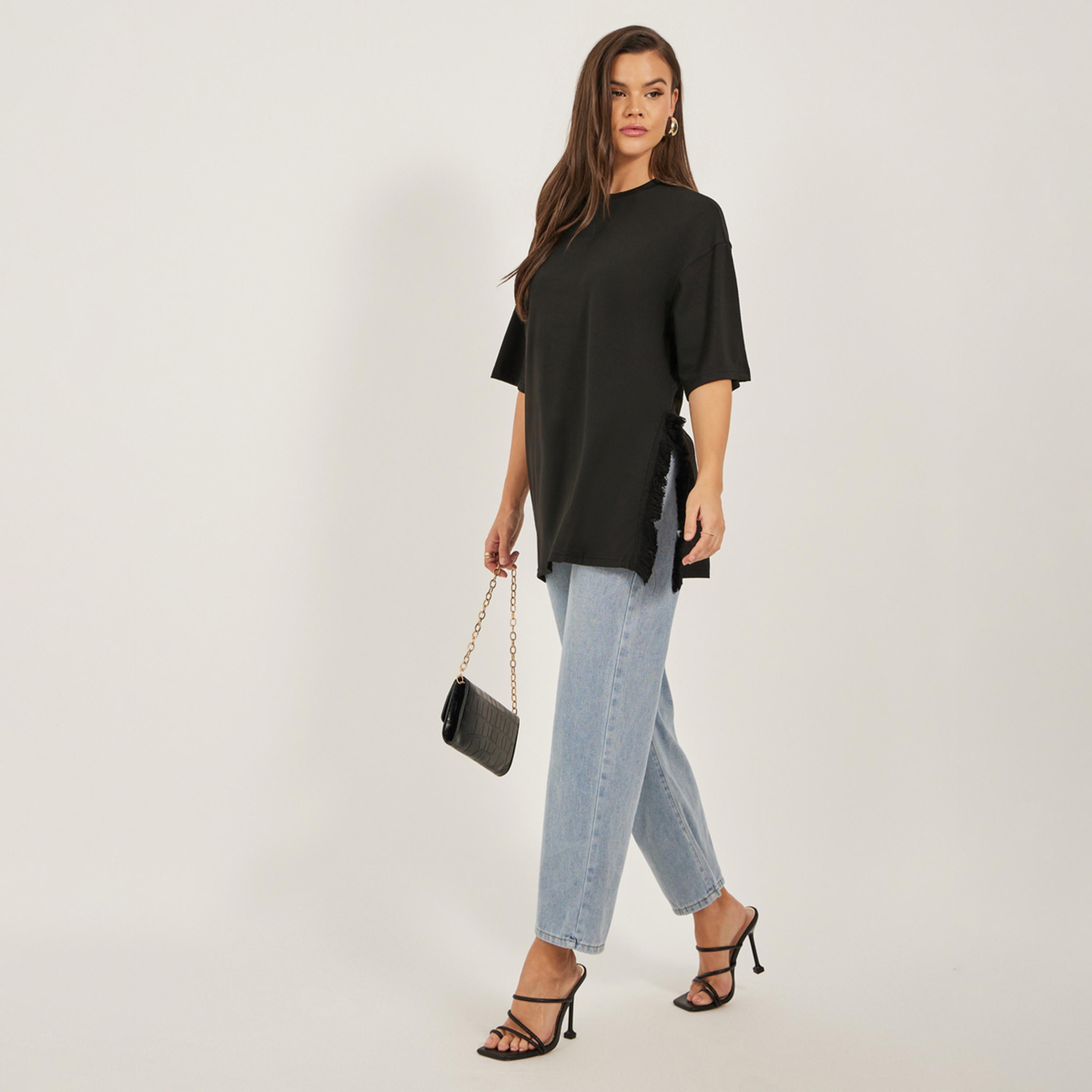 Styli Oversized Side Slit Longline T-Shirt with Frayed Edge-women-clothing-tshirts-image-2