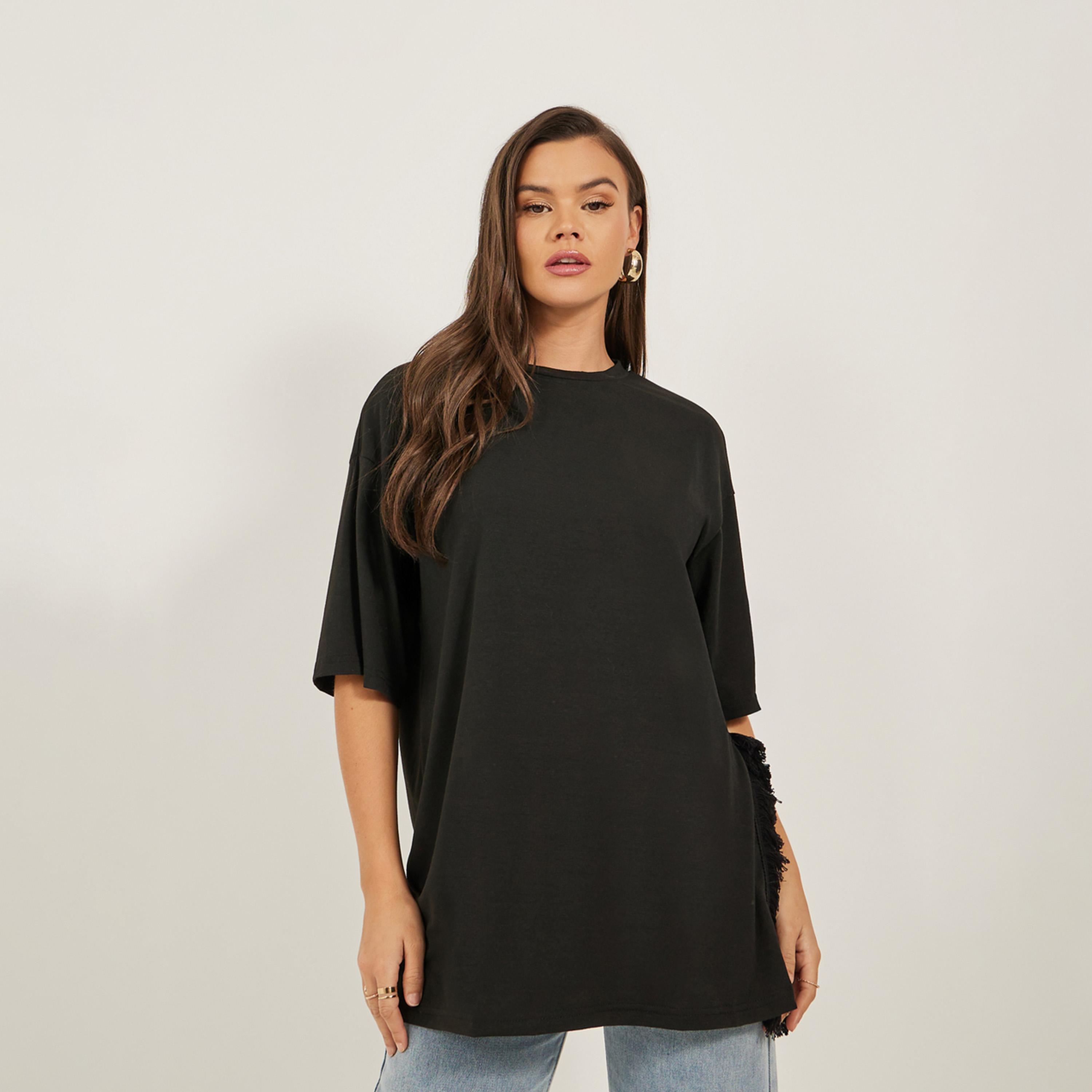 Styli Oversized Side Slit Longline T-Shirt with Frayed Edge-women-clothing-tshirts-image-3