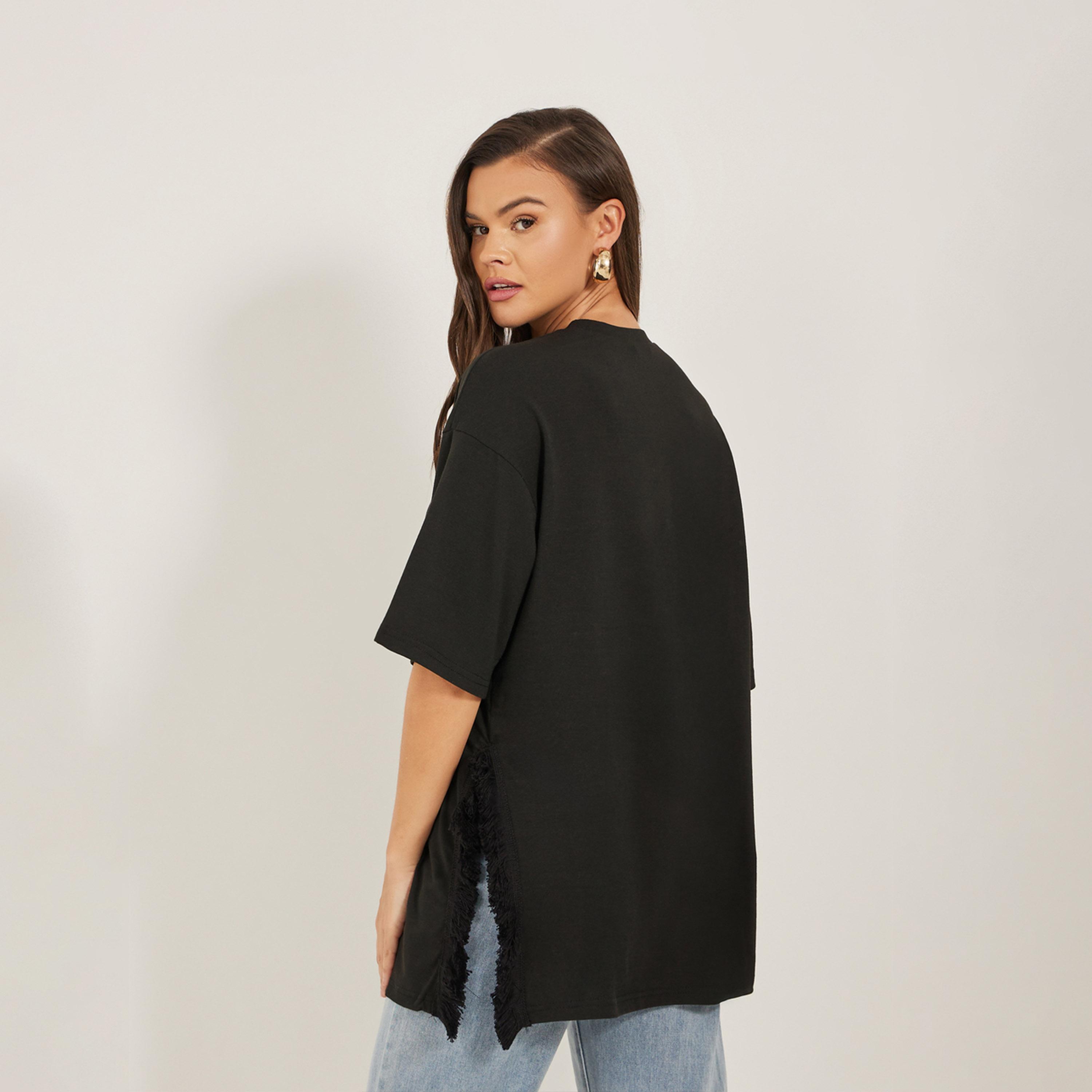 Styli Oversized Side Slit Longline T-Shirt with Frayed Edge-women-clothing-tshirts-image-5