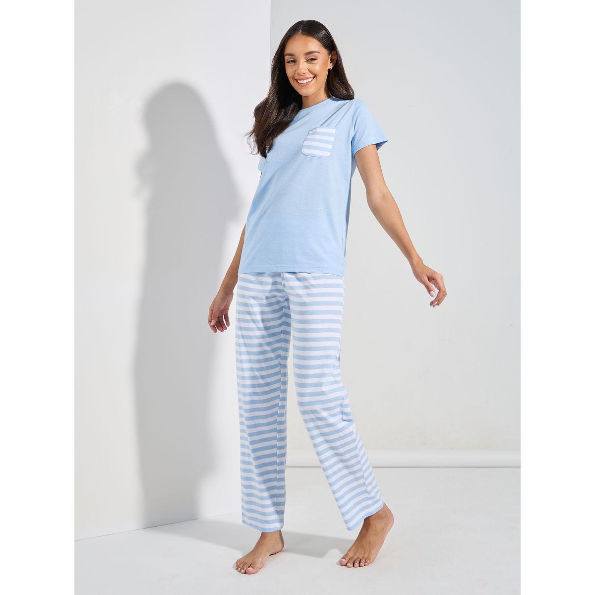 طقم من بنطال بيجاما وتيشيرت بجيب مخطط-women-clothing-nightwear-pyjamas-longsets-image-2