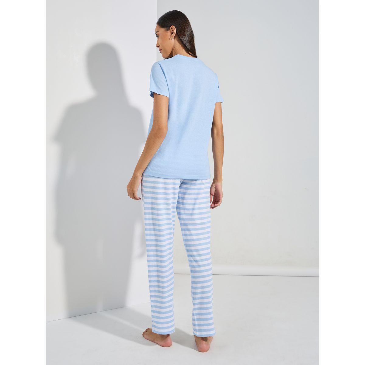 طقم من بنطال بيجاما وتيشيرت بجيب مخطط-women-clothing-nightwear-pyjamas-longsets-image-7