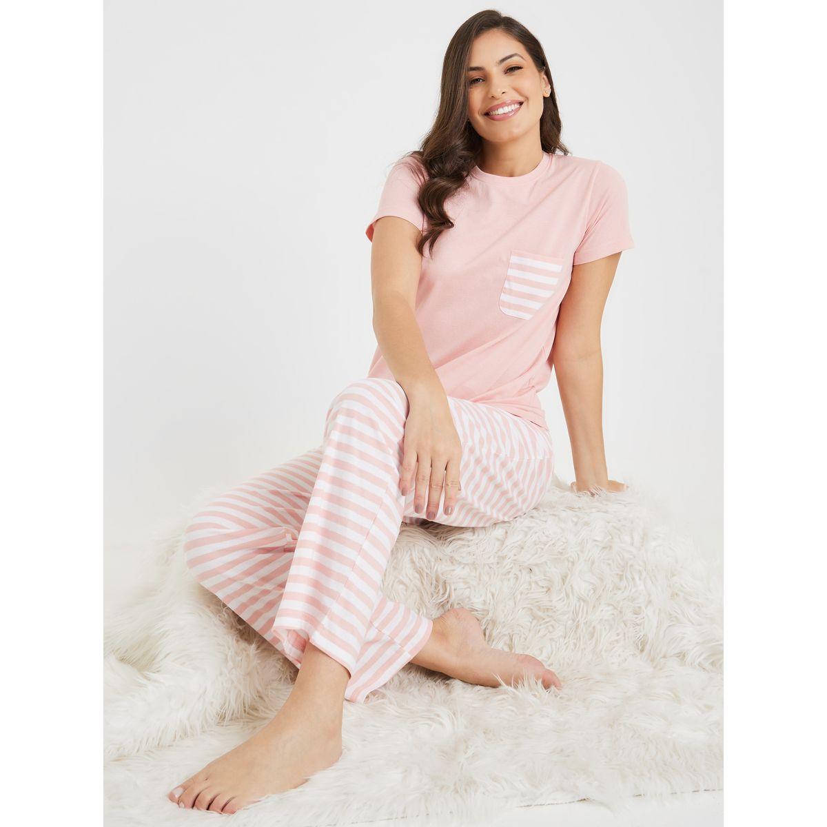 Styli Unwind Cotton Striped Pocket T-Shirt & Pyjama Set-women-clothing-nightwear-pyjamas-longsets-image-1