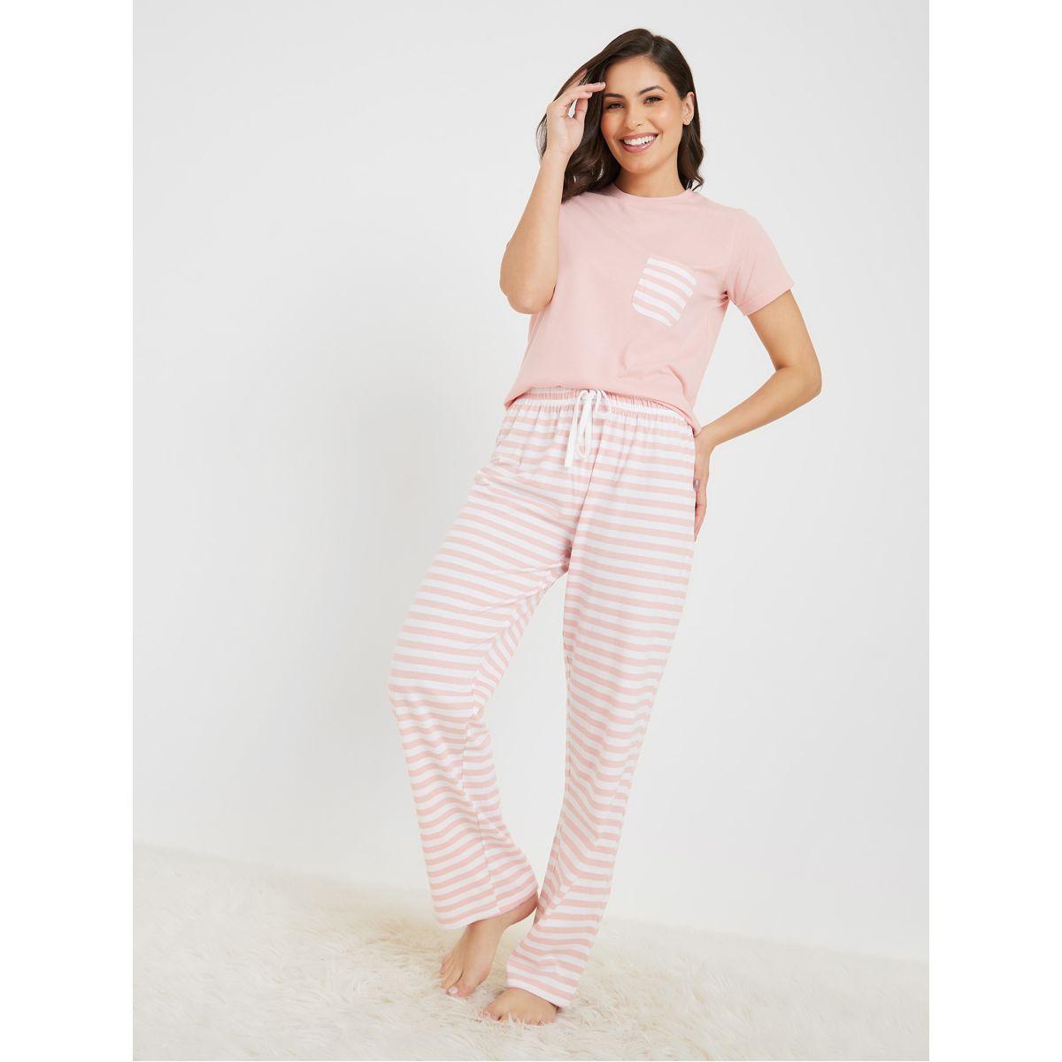 Styli Unwind Cotton Striped Pocket T-Shirt & Pyjama Set-women-clothing-nightwear-pyjamas-longsets-image-2