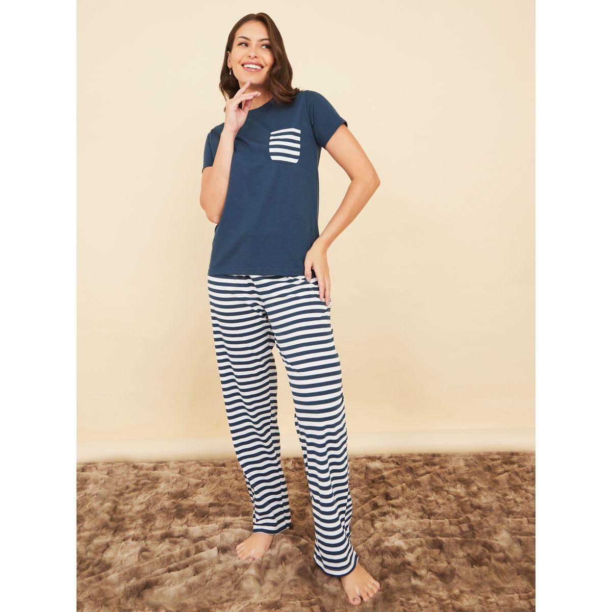 Styli Unwind Striped Pocket T-Shirt & Pyjama Set-women-clothing-nightwear-pyjamas-longsets-image-2