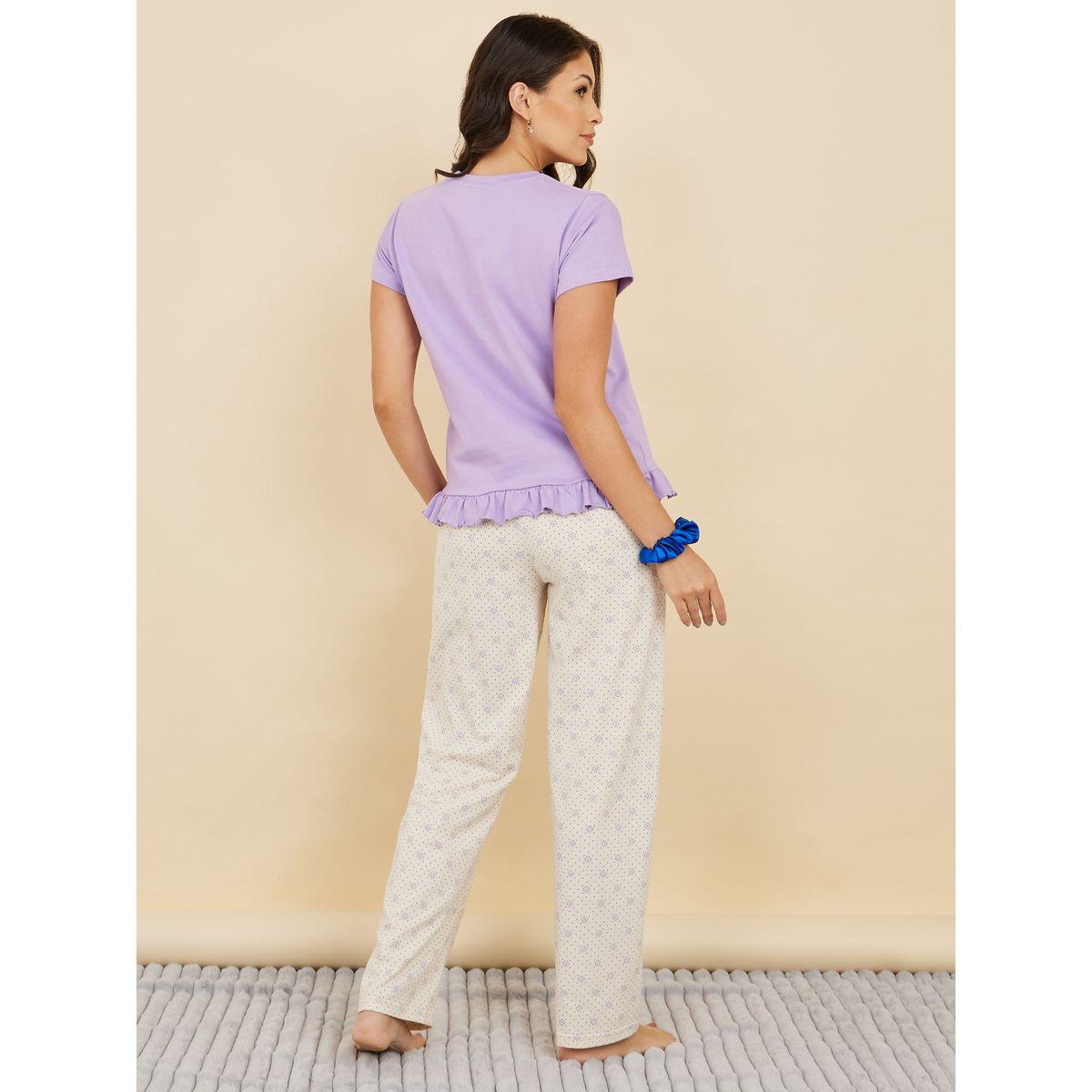 Styli Unwind Cotton Ruffle Hem T-Shirt & Floral Dot Print Pyjama Set-women-clothing-nightwear-pyjamas-longsets-image-5