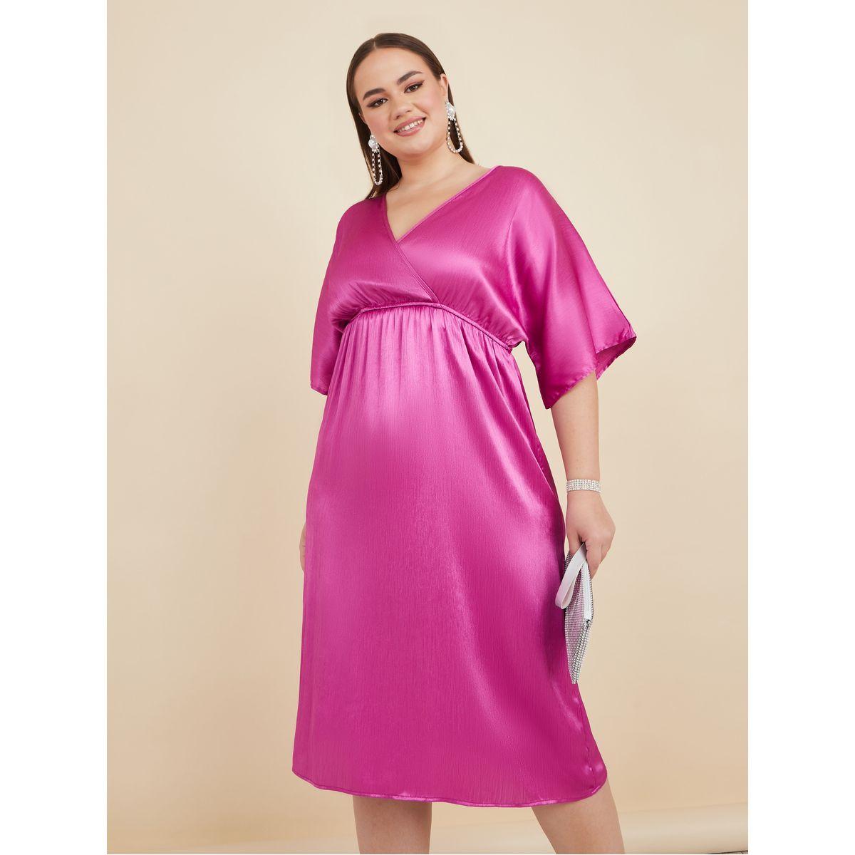 Styli Plus V Neck Satin Midi Dresses-women-clothing-dresses-image-1