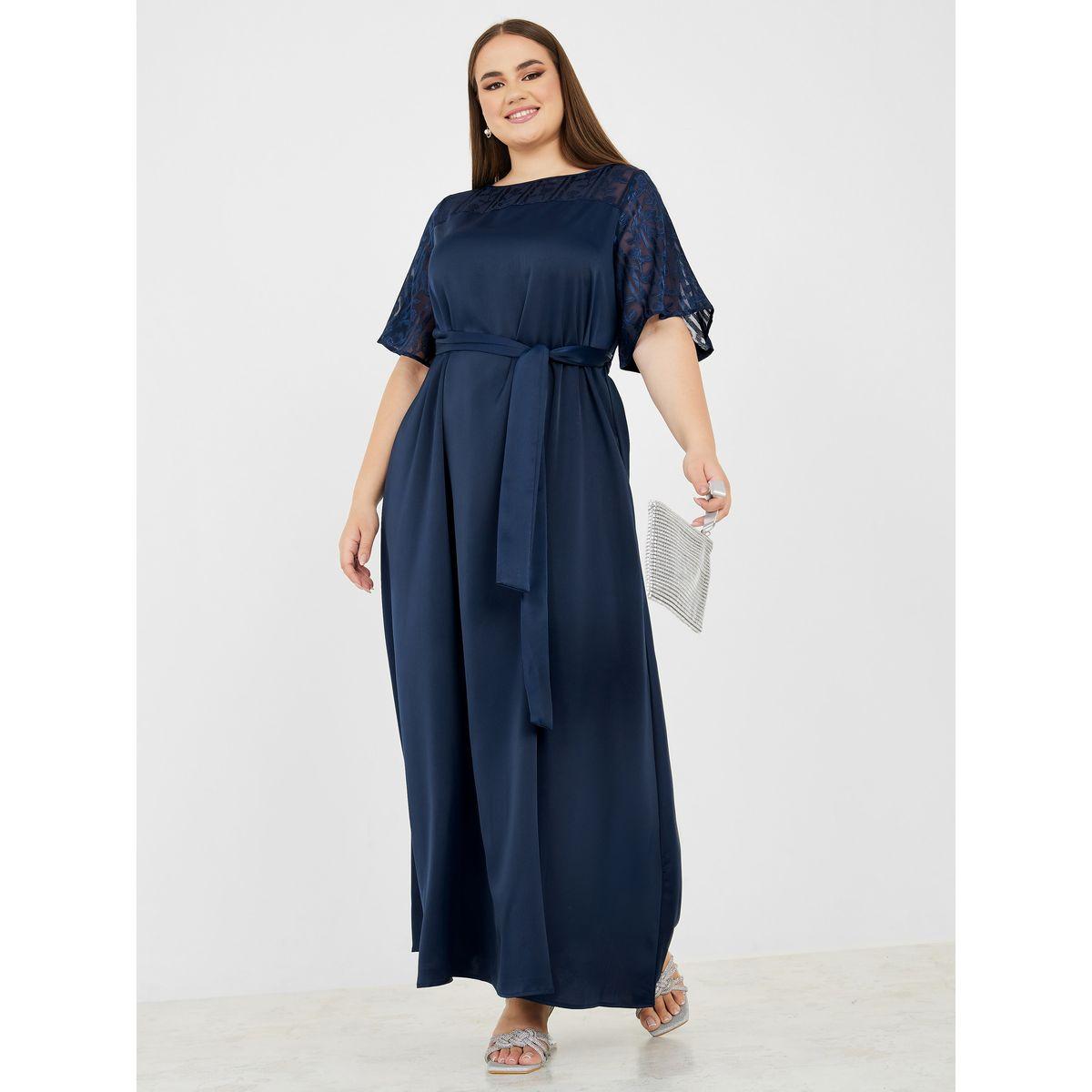 Styli Plus Satin A-Line Maxi Dress with Self Tie Up-women-clothing-dresses-image-1