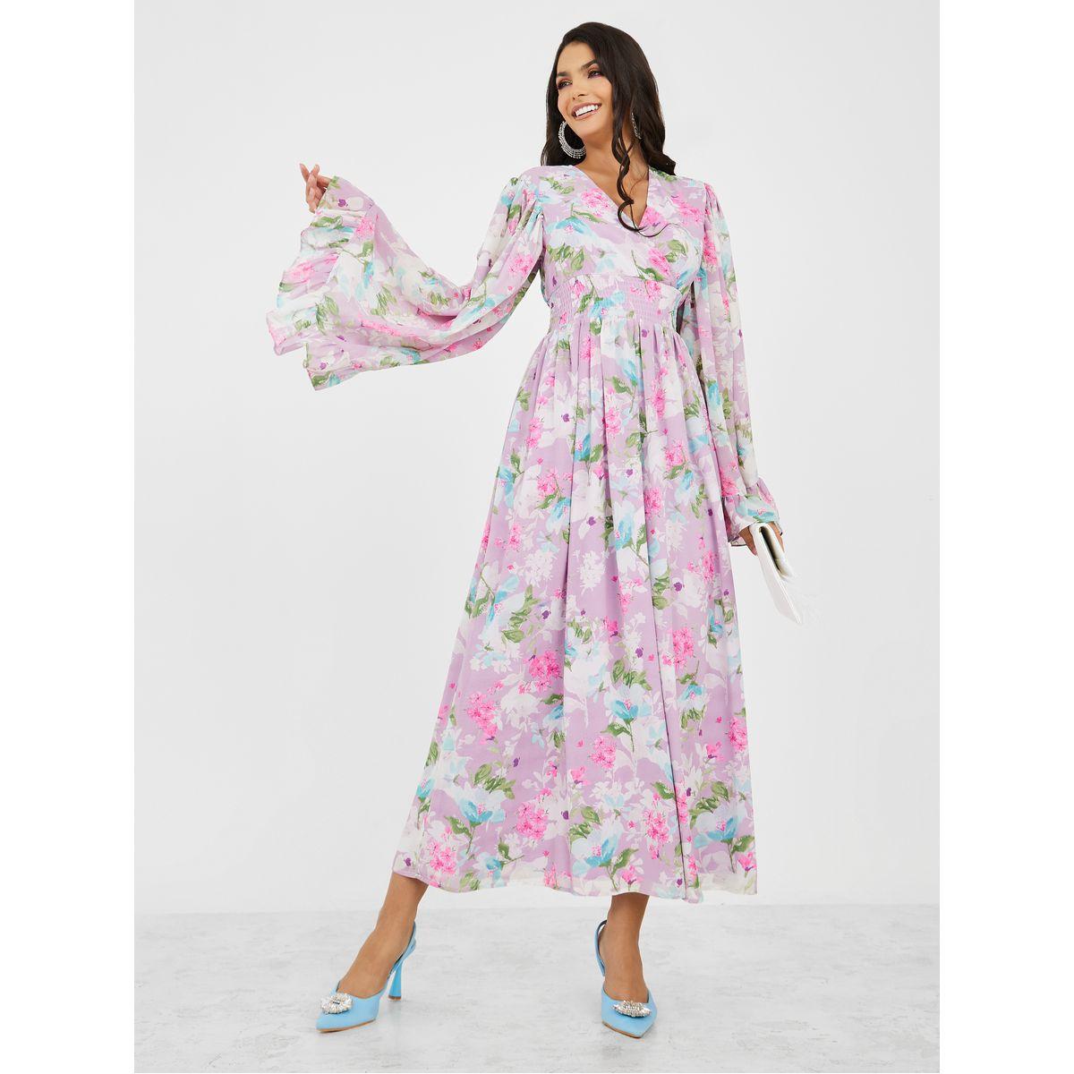Styli Flute Sleeves Floral Print A-Line Maxi Dress-women-clothing-dresses-image-1