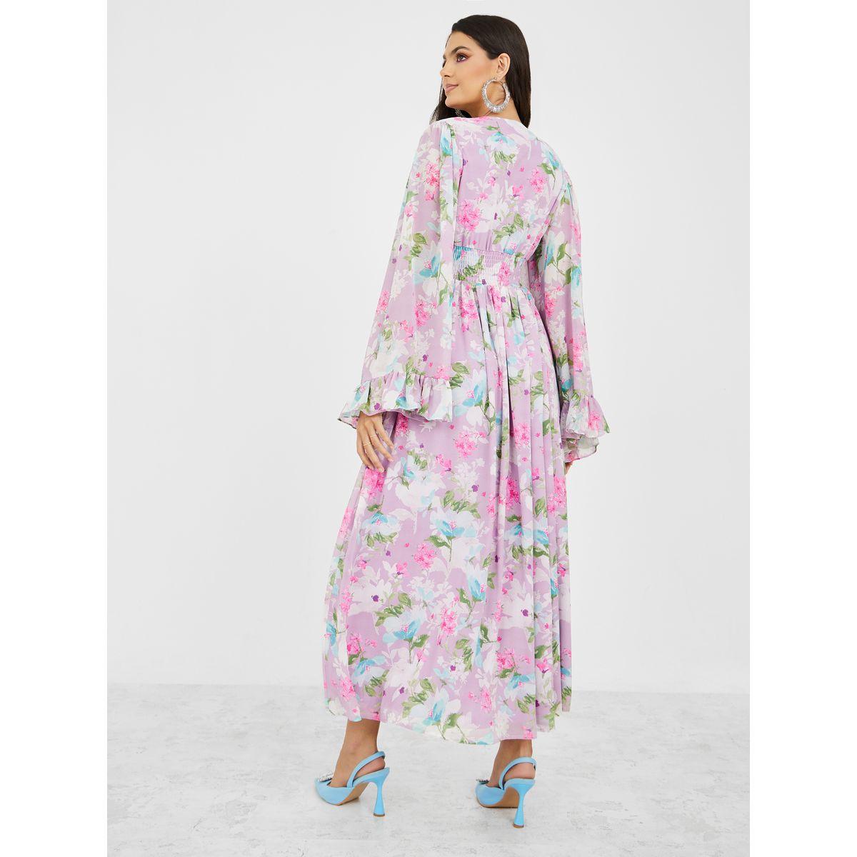 Styli Flute Sleeves Floral Print A-Line Maxi Dress-women-clothing-dresses-image-4