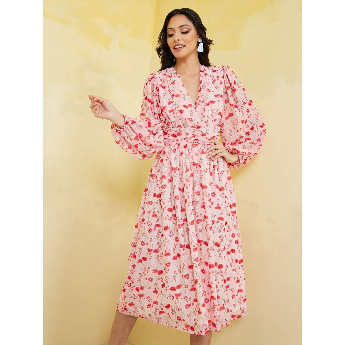 Styli Volume Sleeve Floral A-Line Midi Dress-women-clothing-dresses-image-1