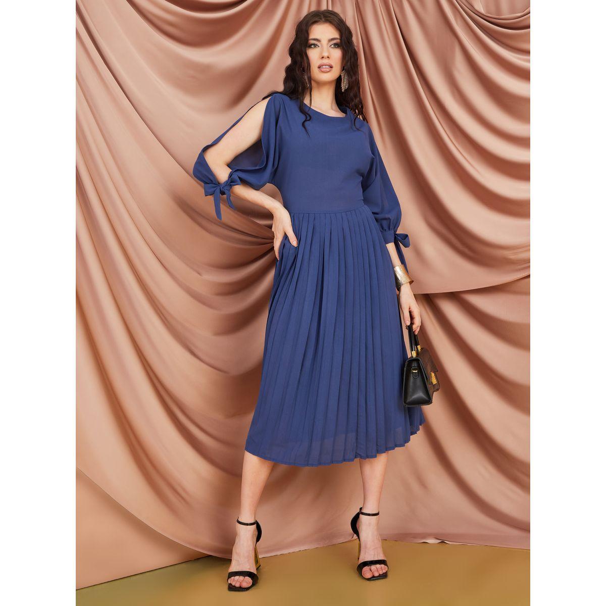 Styli Tie Cuff Slit Sleeve Pleated A-Line Midi Dress-women-clothing-dresses-image-1