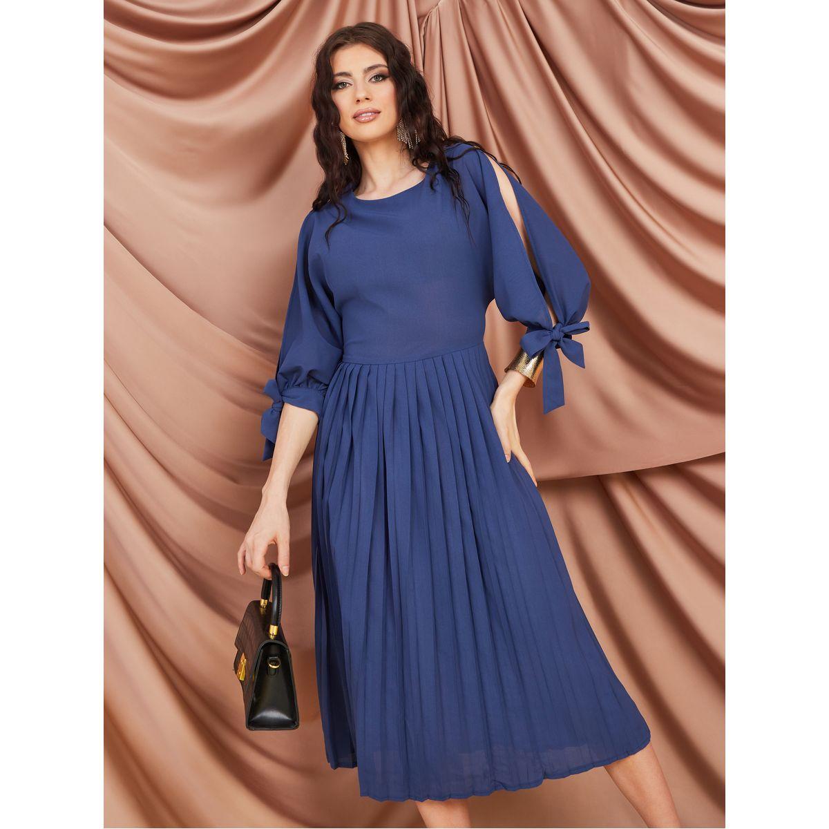 Styli Tie Cuff Slit Sleeve Pleated A-Line Midi Dress-women-clothing-dresses-image-2
