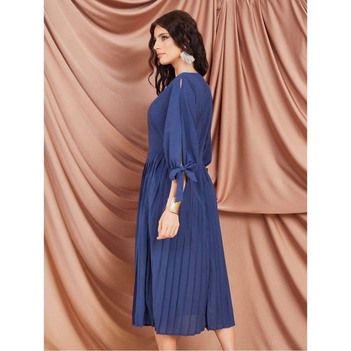 Styli Tie Cuff Slit Sleeve Pleated A-Line Midi Dress-women-clothing-dresses-image-4