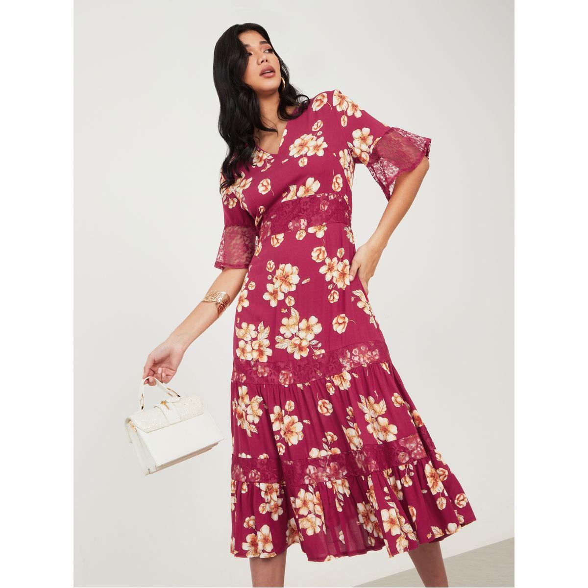 Styli Floral Print Lace Insert A-Line Midi Dress-women-clothing-dresses-image-1