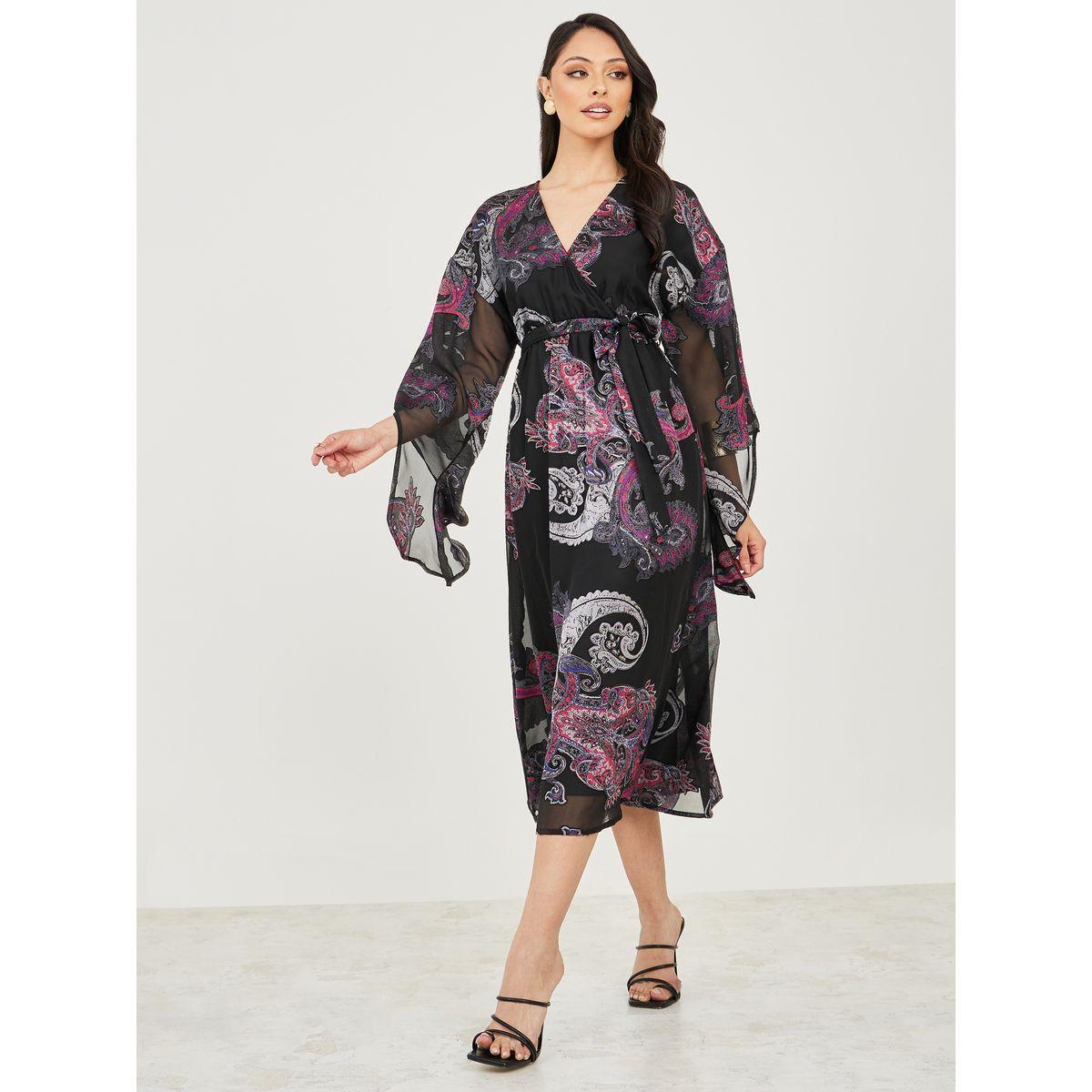 Styli Paisley Print A-Line Midi Dress with Self Tie Up-women-clothing-dresses-image-1