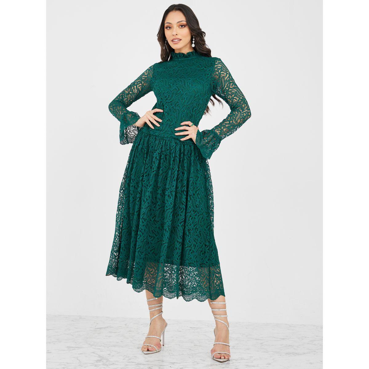 Styli Lace Insert High Neck A-Line Midi Dress-women-clothing-dresses-image-1