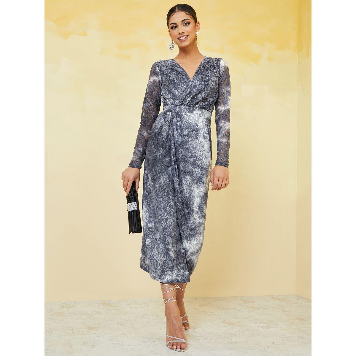 Styli Glittered Lace Insert Wrap Front Midi Dress-women-clothing-dresses-image-2