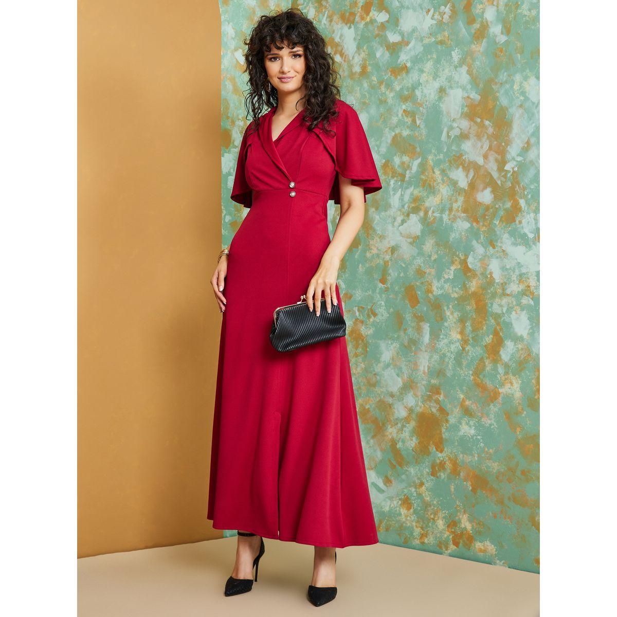 Styli Notch Neck Cape Sleeves A-Line Maxi Dress-women-clothing-dresses-image-1