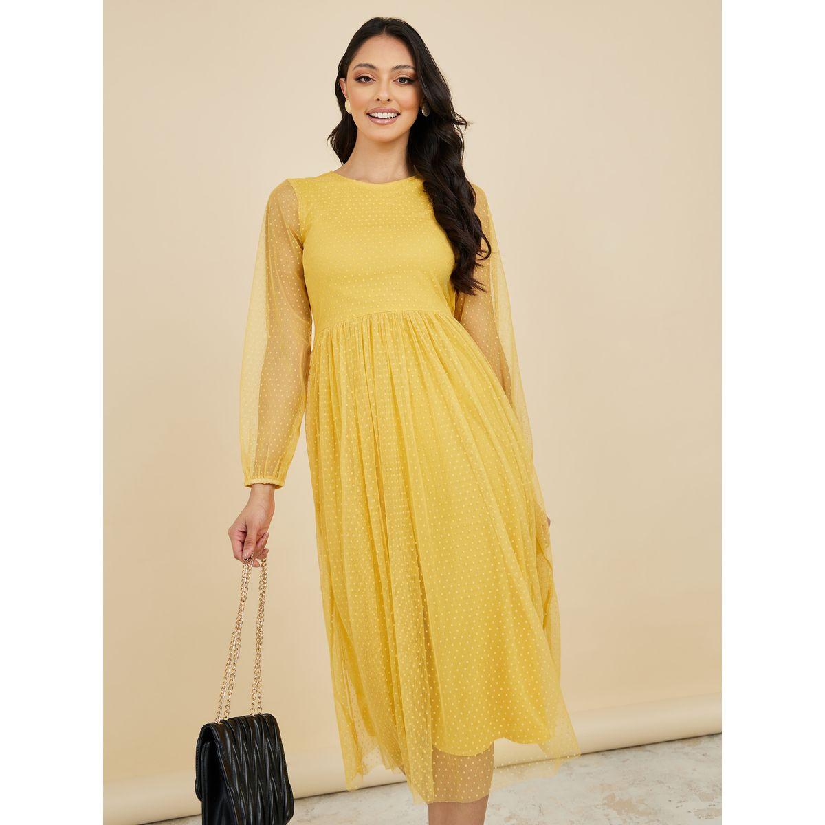 Styli Sheer Sleeve Dobby A-Line Midi Dress-women-clothing-dresses-image-1