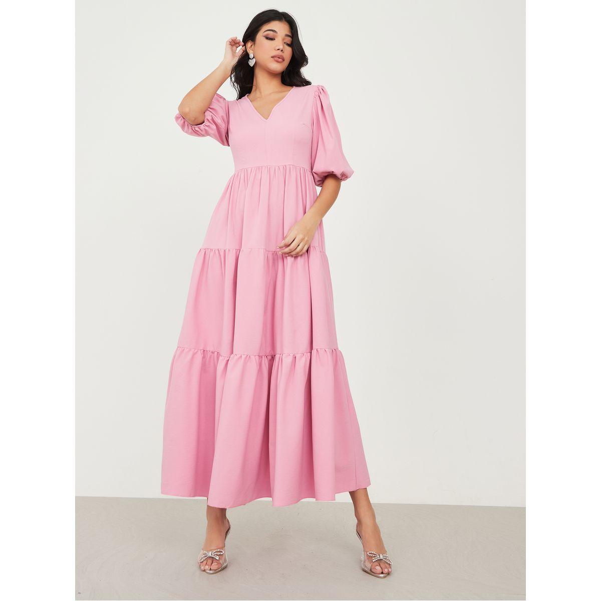 Styli Solid V Neck Tiered Maxi Dress-women-clothing-dresses-image-1