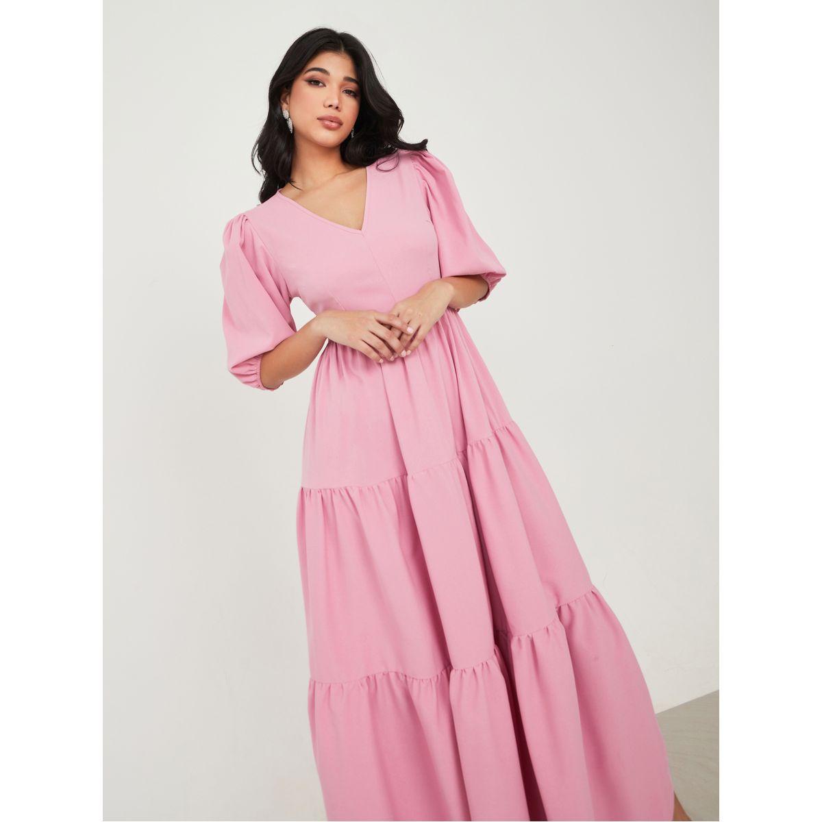 Styli Solid V Neck Tiered Maxi Dress-women-clothing-dresses-image-2