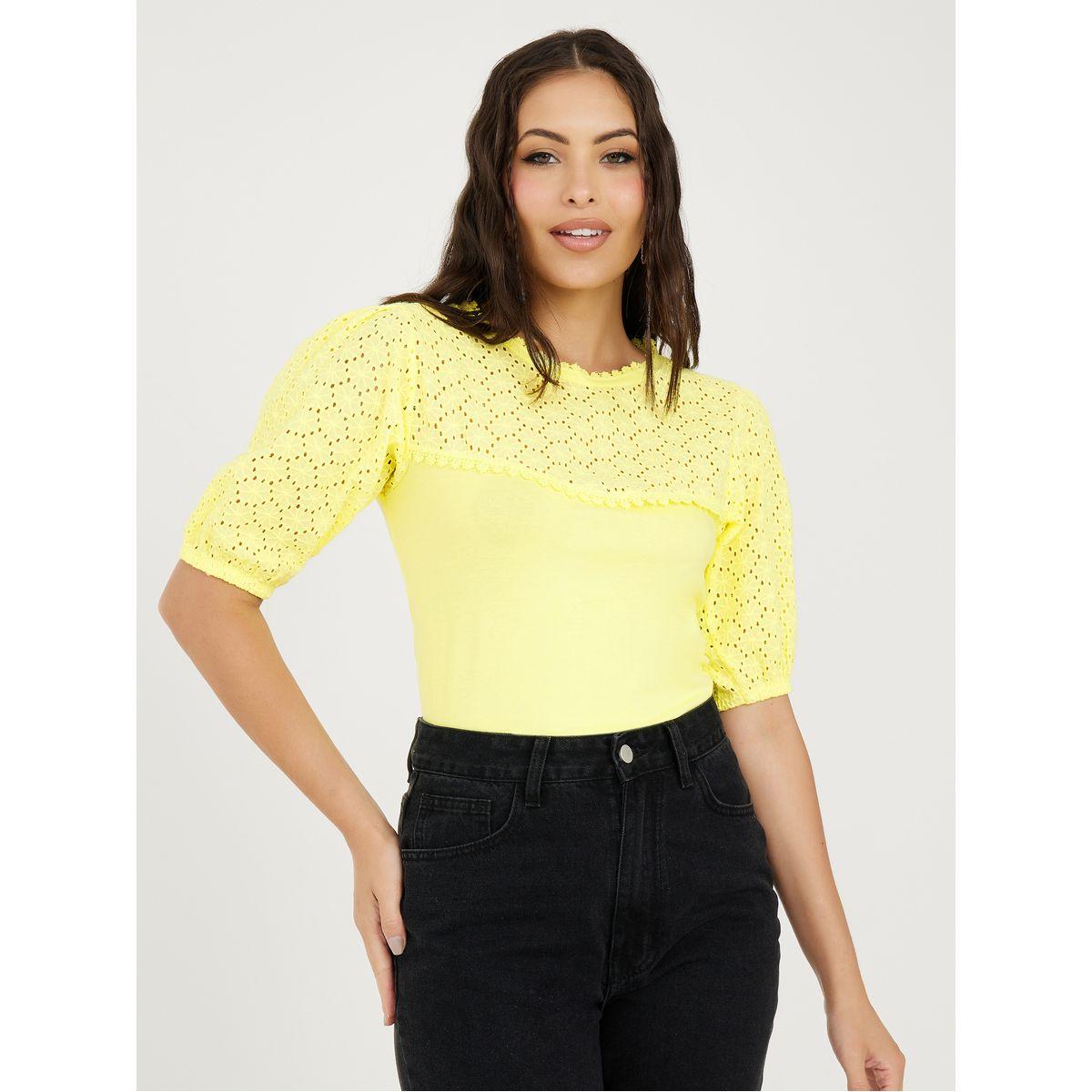 Styli Limited Schiffli Yoke Cuffed Sleeve T-Shirt-women-clothing-tshirts-image-1